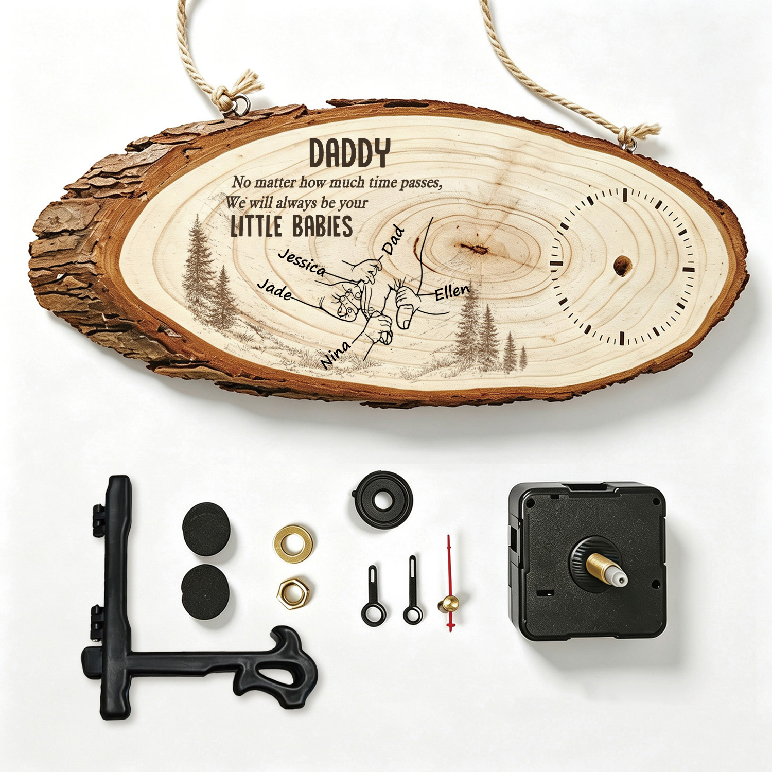Personalised Wooden Clock with Interlocking Hands and 2 to 6 Names – Family Keepsake Gift for Dad