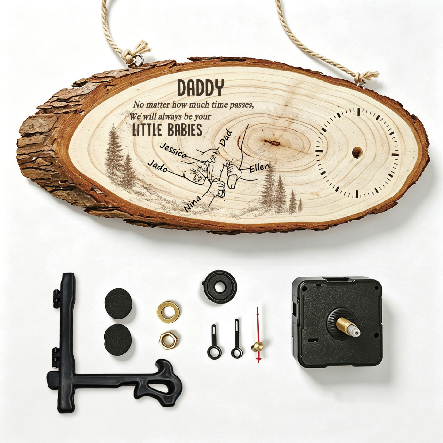 Personalised Wooden Clock with Interlocking Hands and 2 to 6 Names – Family Keepsake Gift for Dad