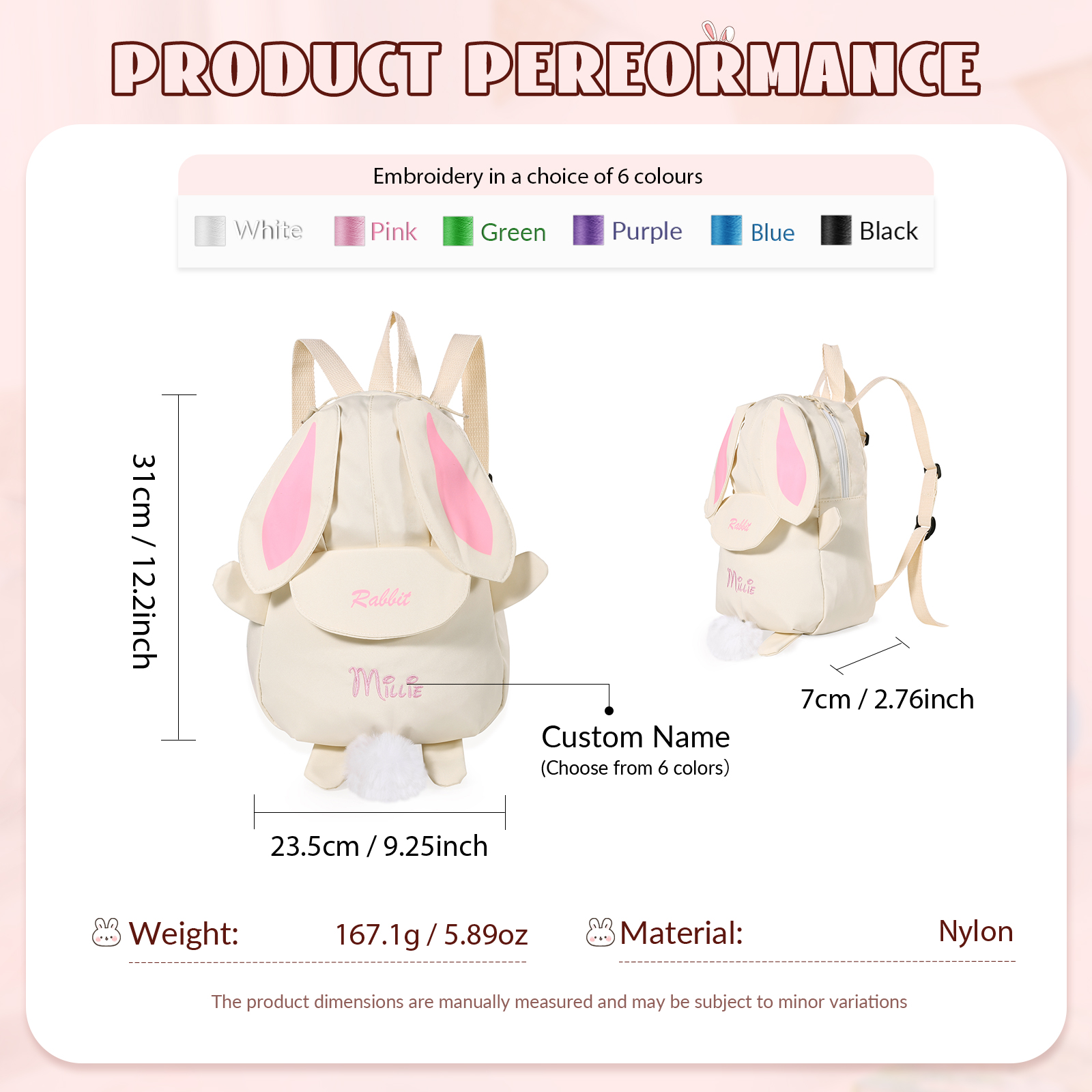Personalised Name School Backpack Custom Cute Rabbit Bag Gift 5 Colours Back to School Gift | Jessemade