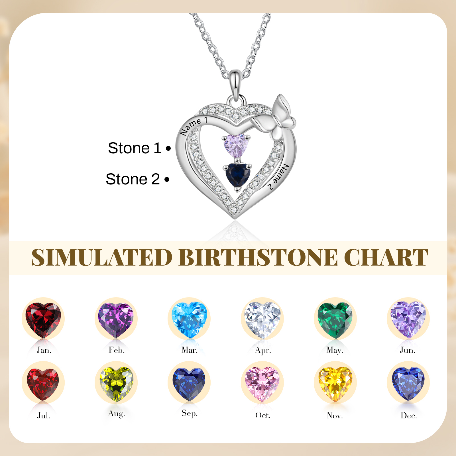 Personalised 1-3 Names Butterfly Heart Birthstone Necklace