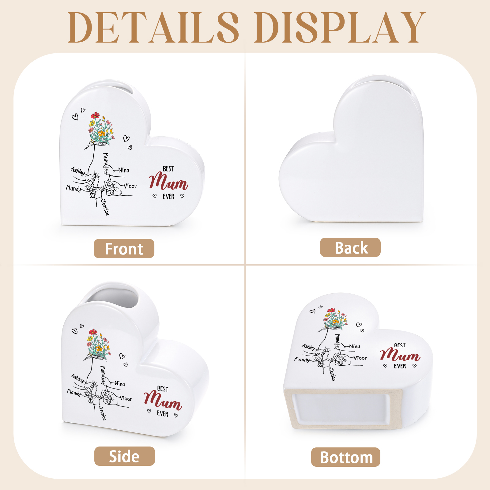 Personalised 2-6 Names Heart Ceramic “Best Mum Ever” Floral Name Vase