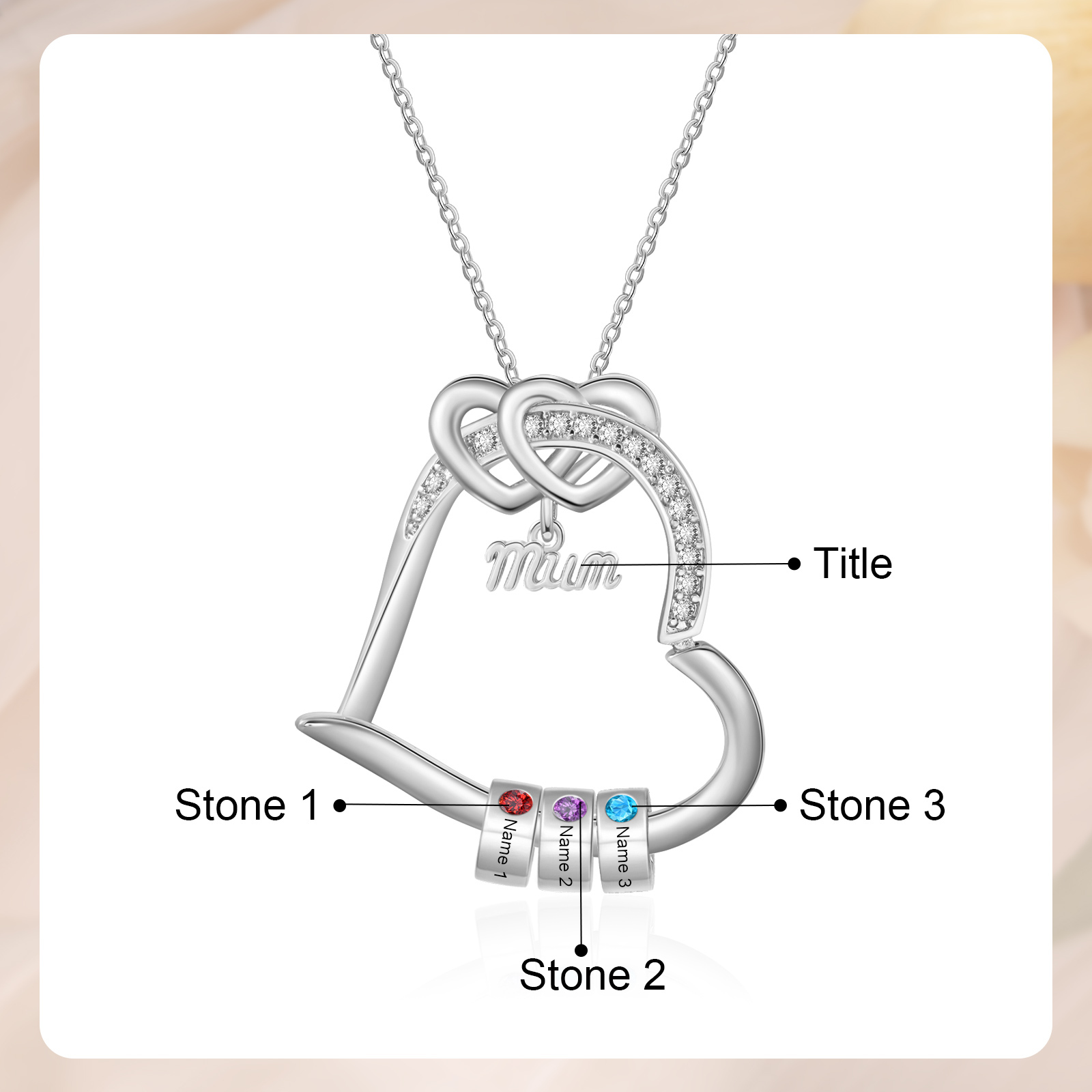 Personalised Mum Heart Necklace with 1-5 Birthstones