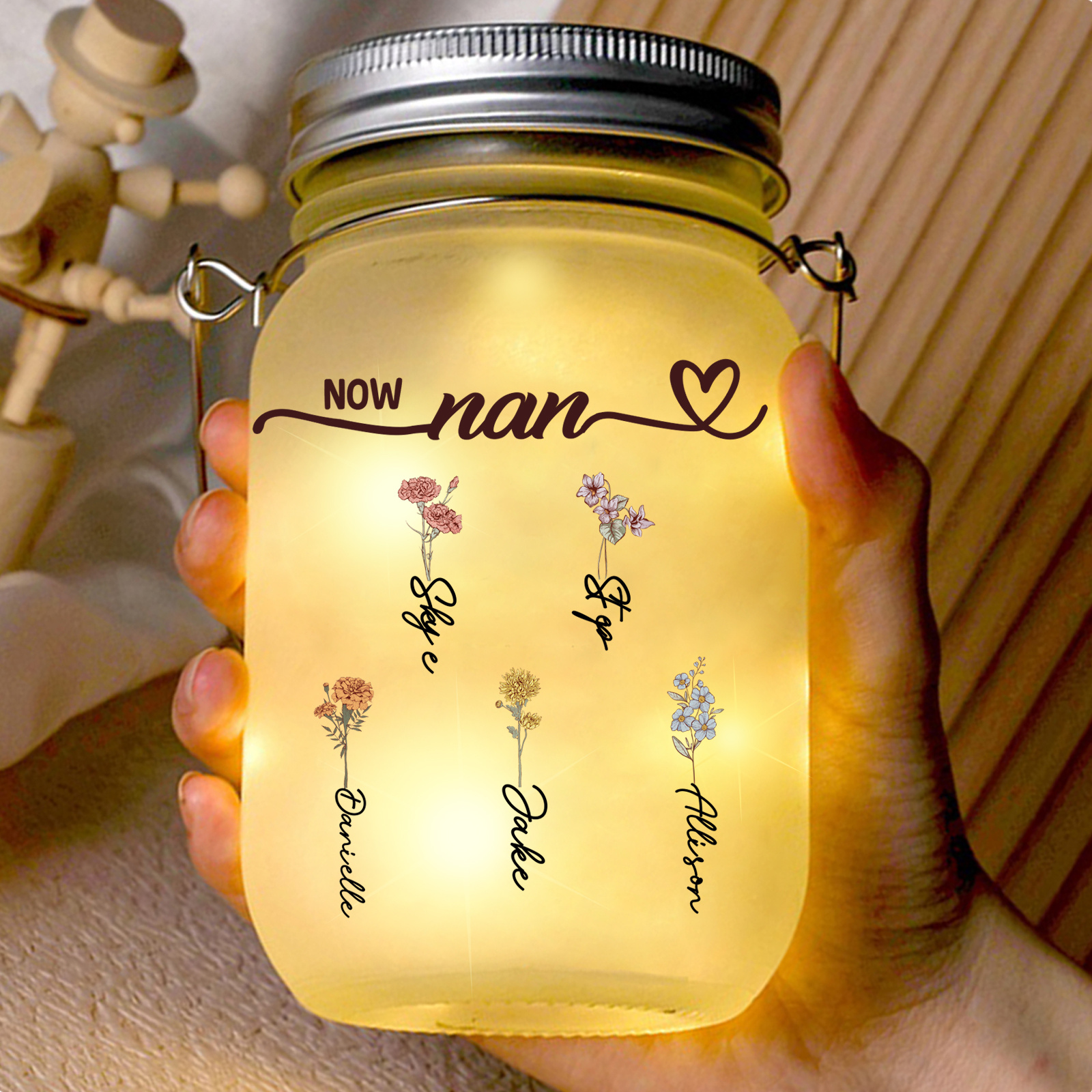 Personalised Grandma Floral Solar Mason Jar Light