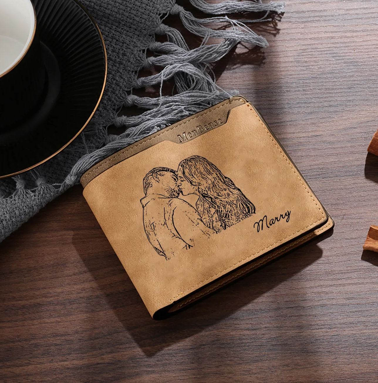 Personalized Photo Leather Men's Wallet Customized Name Letter Folding Brown Wallet For Couple 