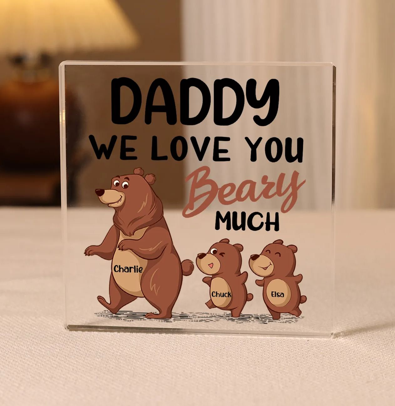 3 Names-Personalised Bear Family Acrylic Keepsake-Custom Text and Names-Acrylic Plaque Home Decoration Gift for Daddy/Grandad