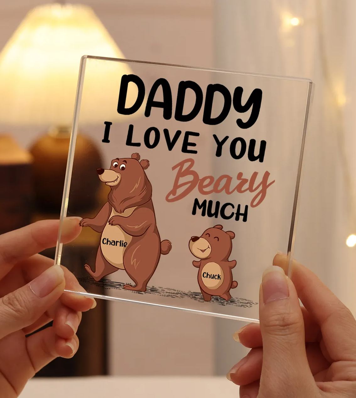 2 Names-Personalised Bear Family Acrylic Keepsake-Custom Text and Names-Acrylic Plaque Home Decoration Gift for Daddy/Grandad