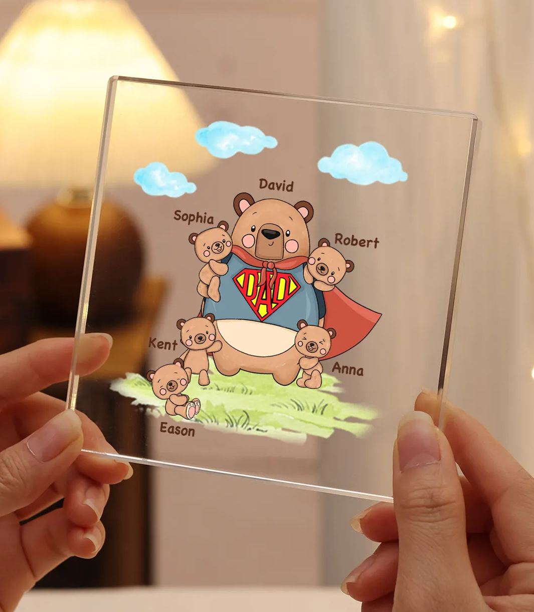 6 Names-Personalised Super Bear Family Acrylic Keepsake-Custom Text and Names-Acrylic Plaque Home Decoration Gift for Dad/Grandad