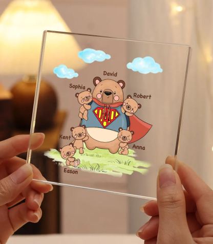 6 Names-Personalised Super Bear Family Acrylic Keepsake-Custom Text and Names-Acrylic Plaque Home Decoration Gift for Dad/Grandad