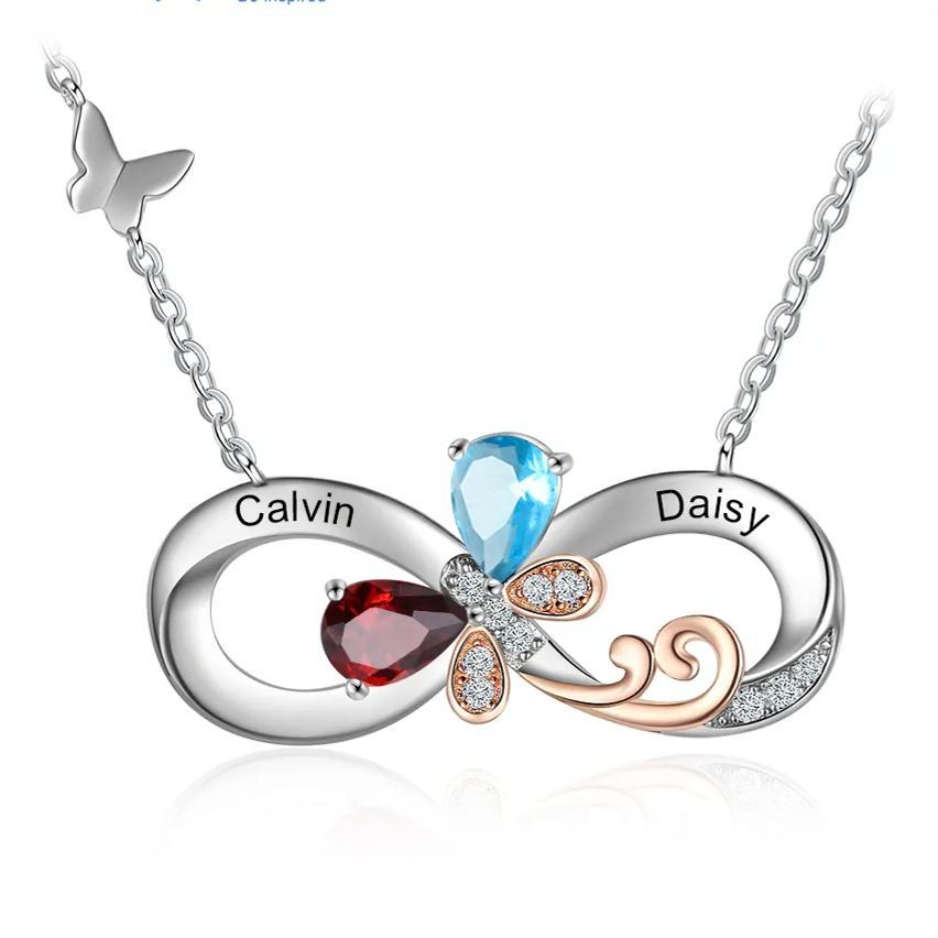 Personalised Infinity Butterfly Necklace With 2 Birthstones Engraved Names Gift For Women