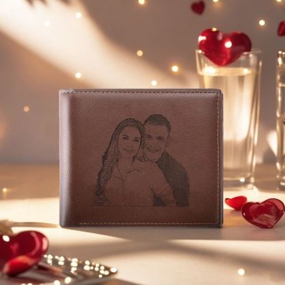Brown Personalised Leather Wallet Engraved Photo Short Wallet Folding Wallet With Gift Box For Men