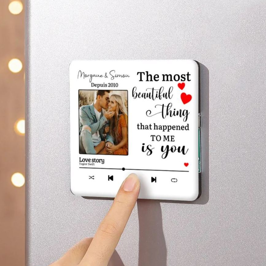 Personalised Music Fridge Magnet with 2 Names, 1 Photo, 1 Year & 1 Favorite Song – "The Most Beautiful Thing That Happened to Me Is You" - Valentine’s Day Gift for Him/Her | Jessemade