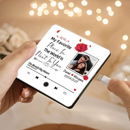 Personalised Music Fridge Magnet with 2 Names, 1 Photo, 1 Year & 1 Favorite Song – "My Favorite Place in the World Is Next to You" – Valentine’s Day Gift for Him/Her | Jessemade