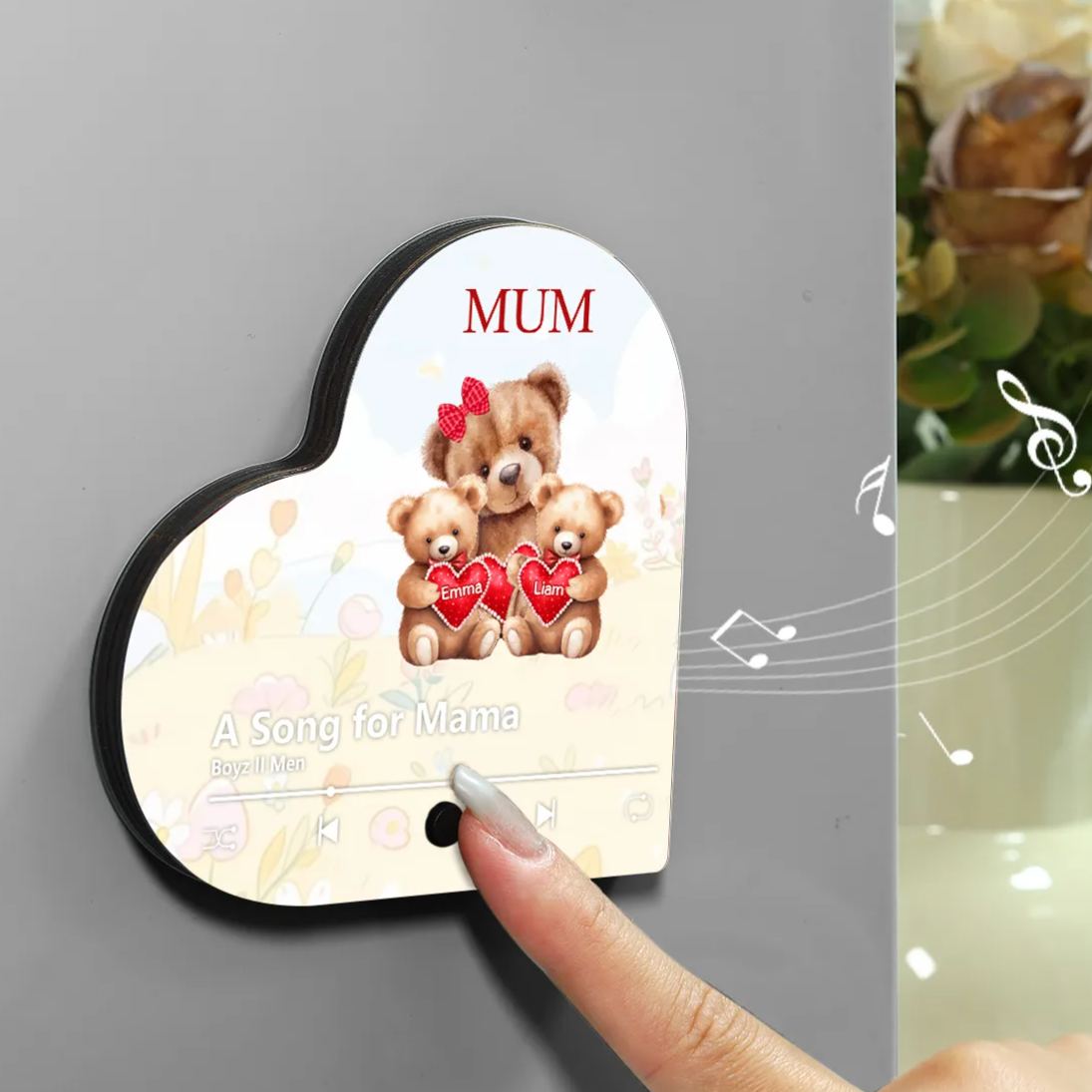 Personalised Bear Music Fridge Magnet Engved 2 Names & 1Text– Custom Heart-Shaped Wooden Acrylic Gift | Jessemade
