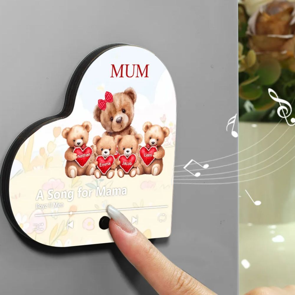 Personalised Bear Music Fridge Magnet Engved 4 Names & 1Text– Custom Heart-Shaped Wooden Acrylic Gift | Jessemade