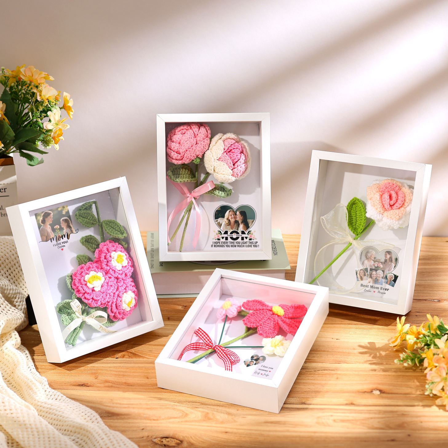 Personalised 3D Peony Crochet Flower Shadow Box Frame