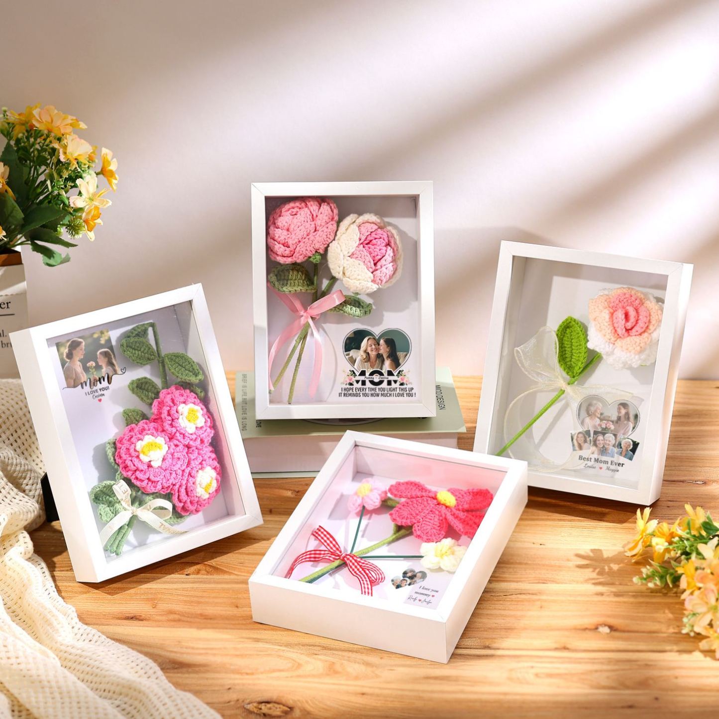Personalised 3D Peony Crochet Flower Shadow Box Frame