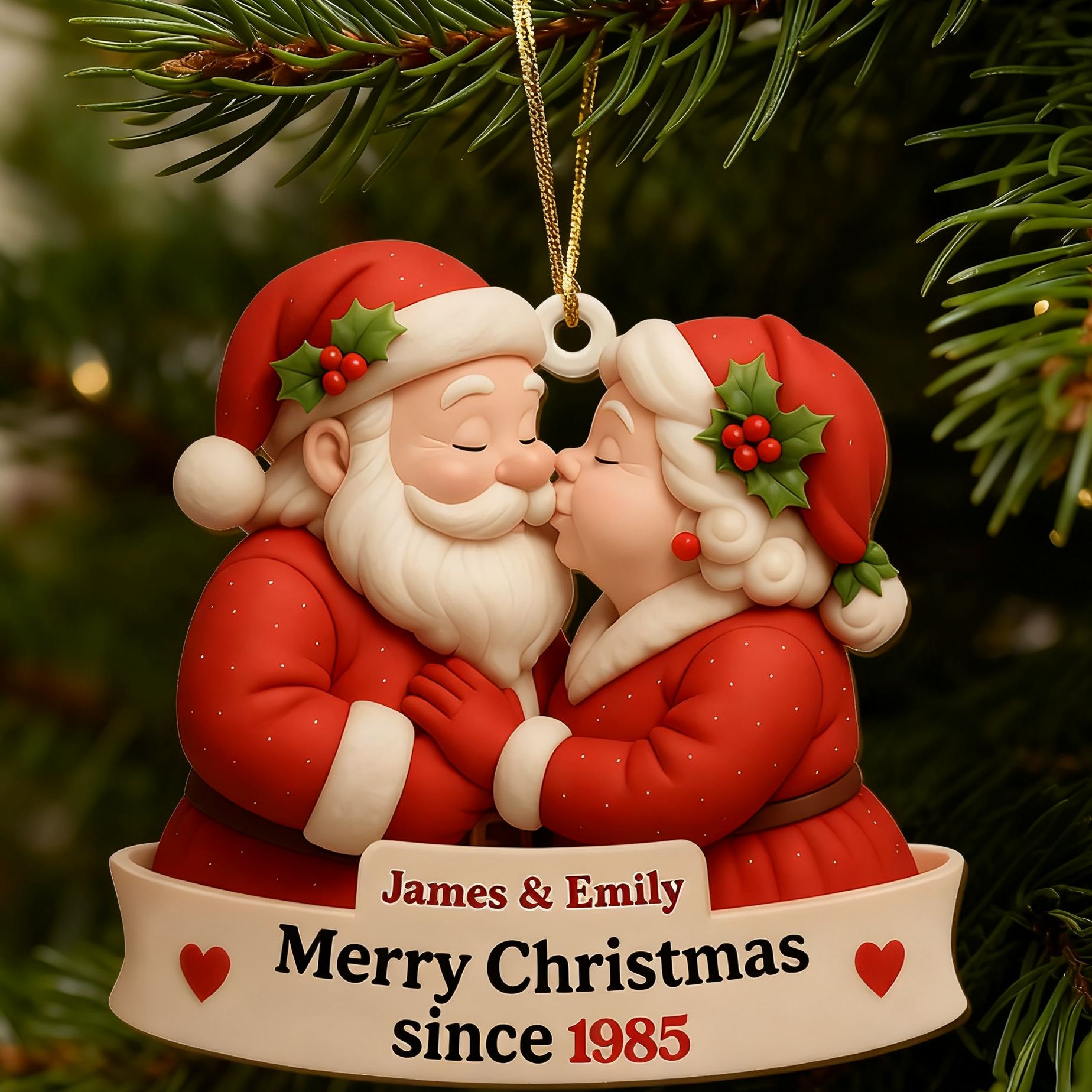 Personalised Kissing Santa Couple Wooden Ornament