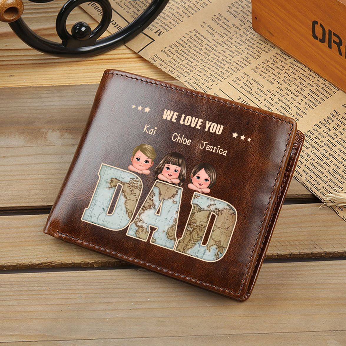 Personalised Dad Vintage Leather Bifold Wallet