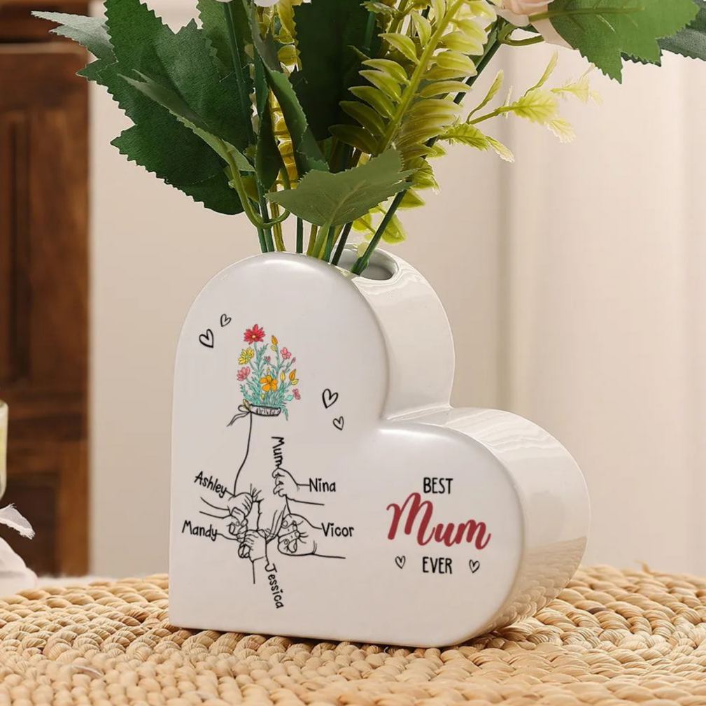 Personalised 2-6 Names Heart Ceramic “Best Mum Ever” Floral Name Vase