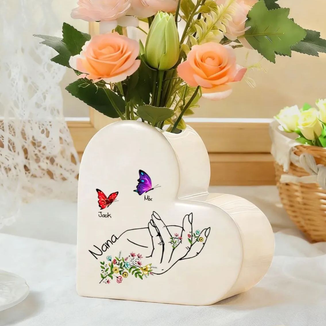 Personalised 2-8 Names Heart Ceramic Nana Vase with Butterflies