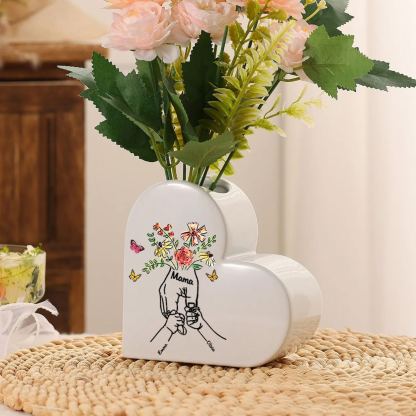 Personalised Ceramic Heart Vase with Text and 2 to 8 Names for Mum or Grandma