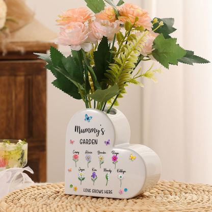 Personalised Ceramic Heart Vase with 1 to 10 Names and Birth Flowers for Mum/Grandma