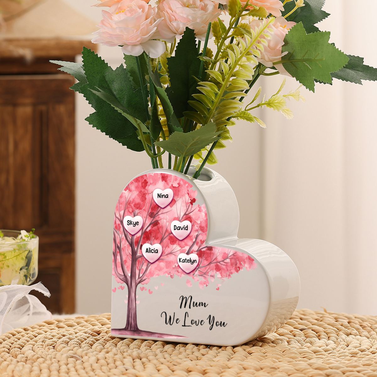 Personalised Family Tree Design Pink Heart-Shaped Ceramic Vase with 1–12 Names