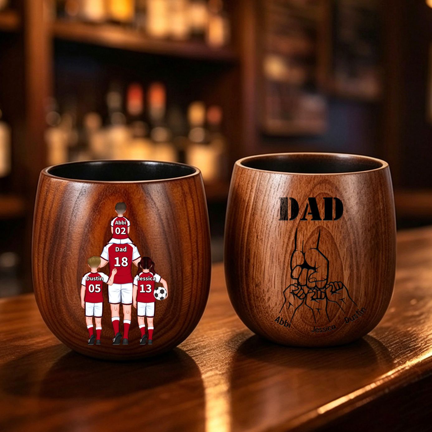 Personalised Football Dad Wooden Whiskey Tumbler Cup with 1-5 Names