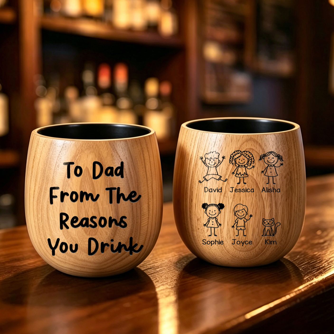 Personalised Wooden Whisky Tumbler Engraved Mug Customised with 1–8 Children’s Names