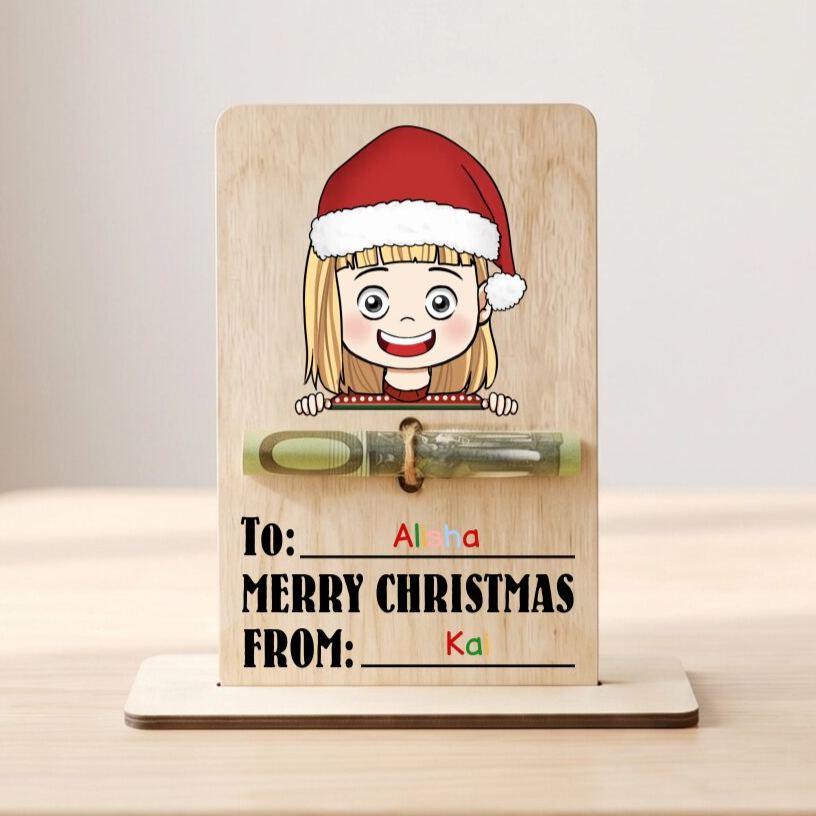 Personalised Wooden Christmas Money Holder with 2 Names – Cash Gift Card for Child