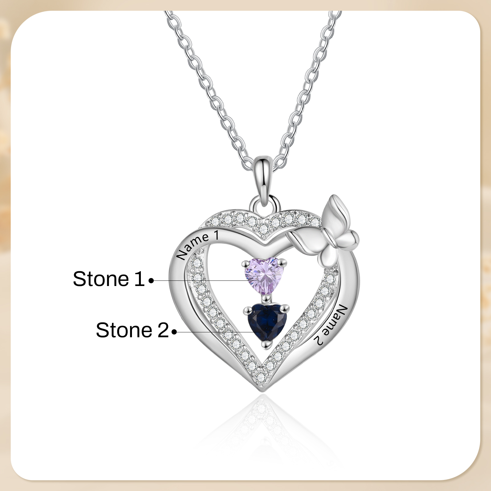 Personalised 1-3 Names Butterfly Heart Birthstone Necklace