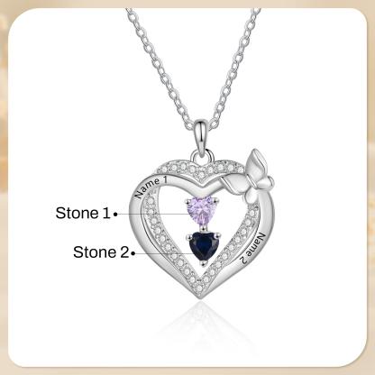 Personalised 1-3 Names Butterfly Heart Birthstone Necklace