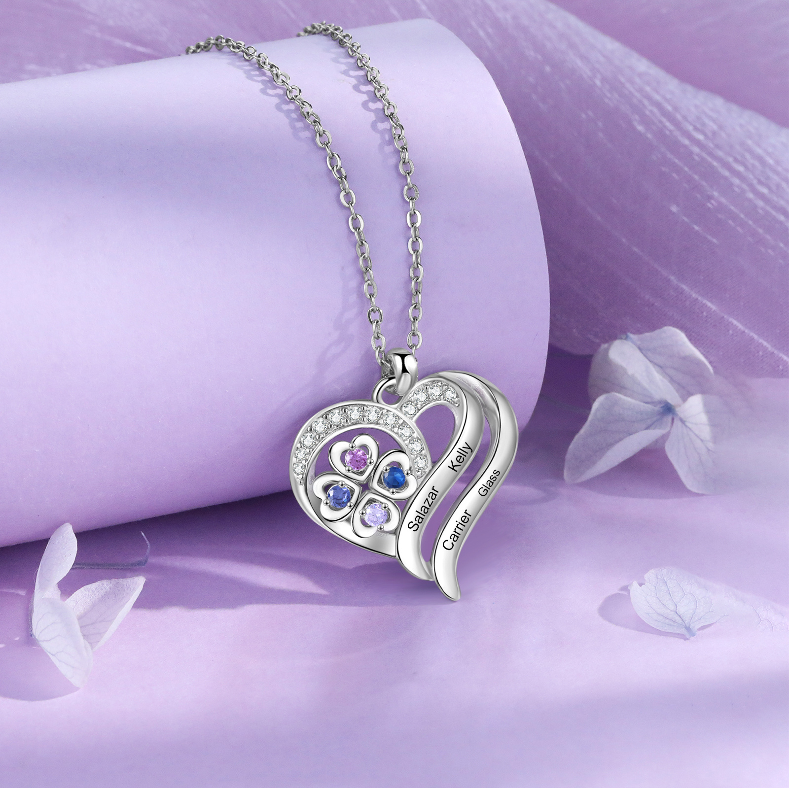 Personalised 2-4 Names Heart Birthstone Women Necklace