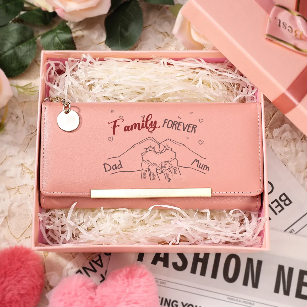 Personalised Family Forever Heart Hands Pink PU Leather Wallet