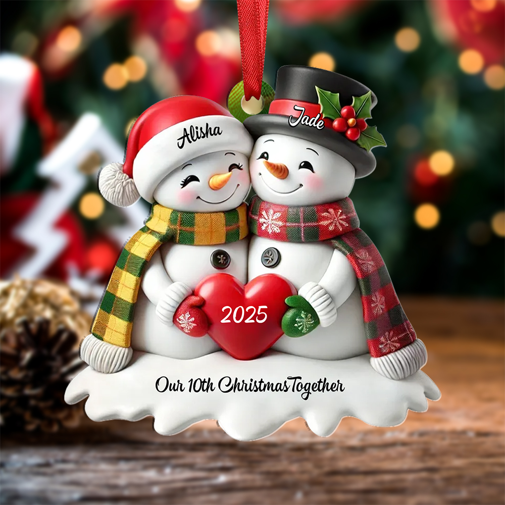 Personalised Heart Snowman Couple Christmas Tree Decoration