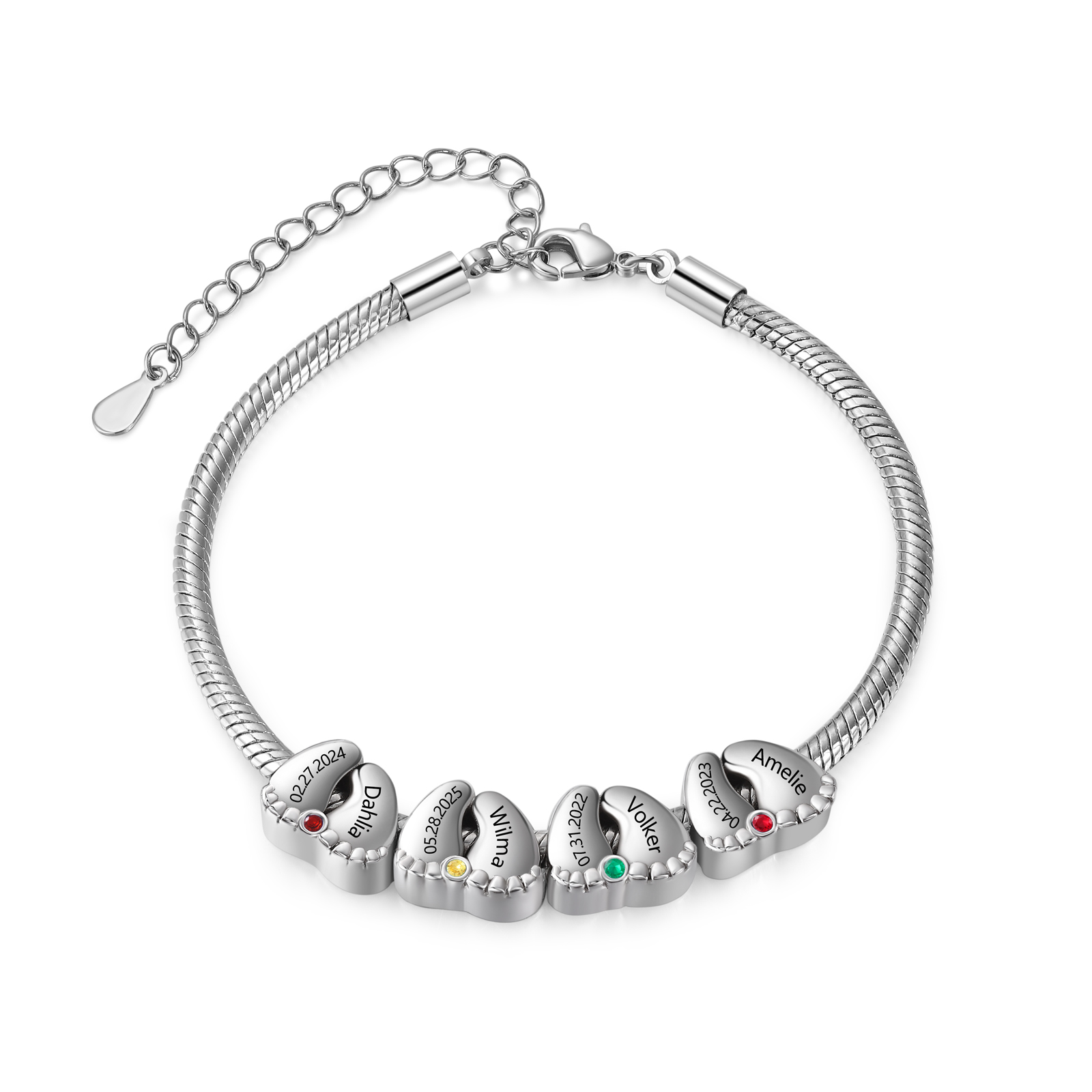 Personalised 2-5 Names Birthstone Feet Bracelet Custom Names and Dates Gift for Women | Jessemade