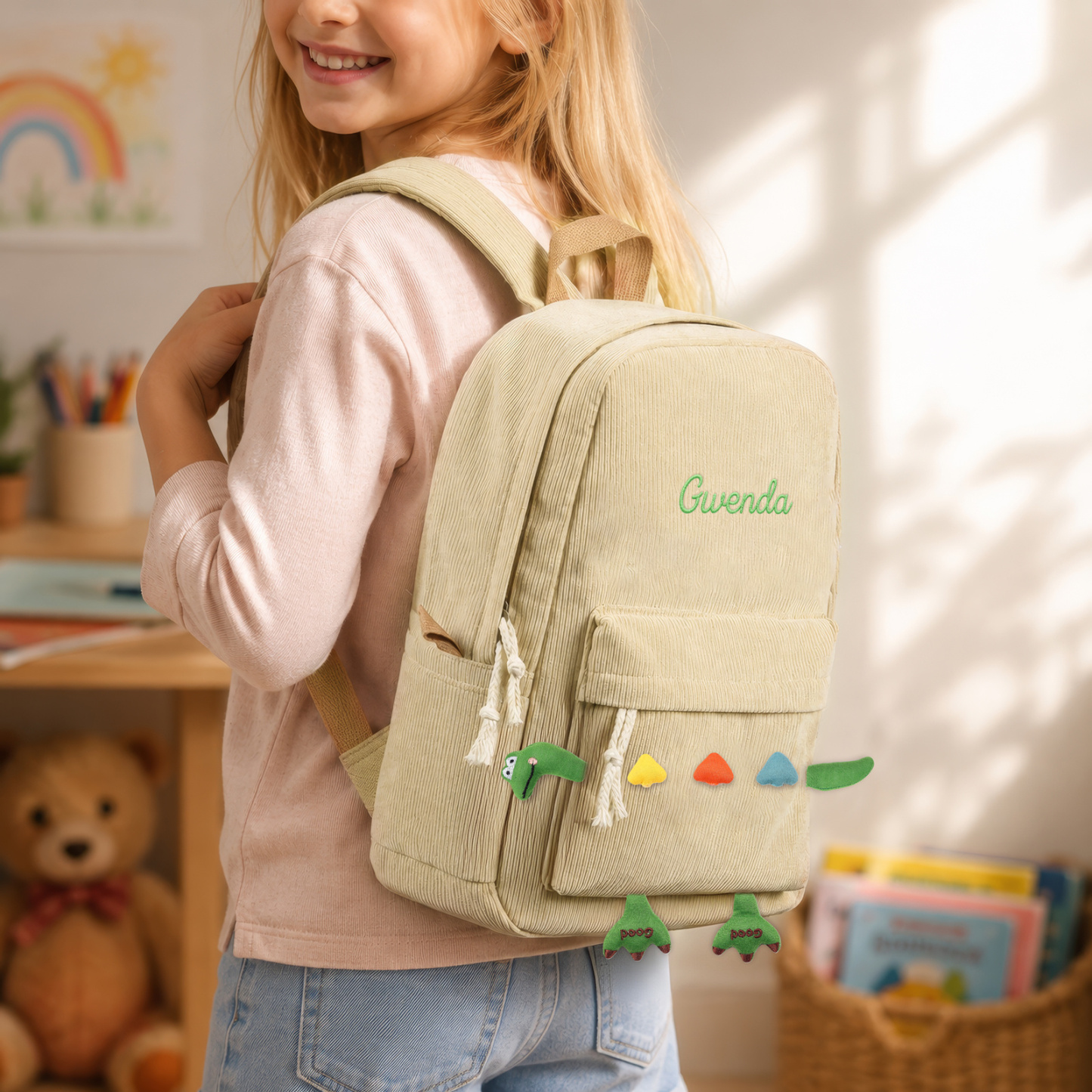 ersonalized Corduroy Kids Backpack with Name Embroidery Cute Dog or Dinosaur School Bag