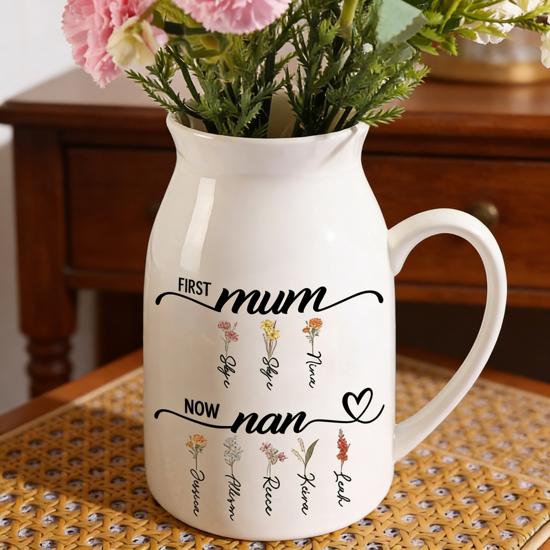 Personalised Floral Name Pitcher – “First Mum, Now Nan” Ceramic Flower Vase | Jessemade