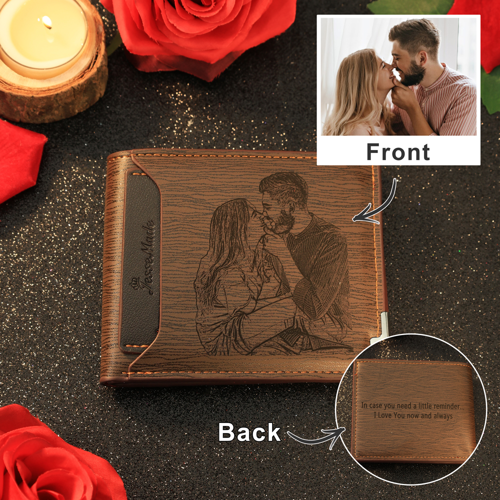 Personalised Photo Leather Men's Wallet With Card Slot Engraved Text Gift For Him