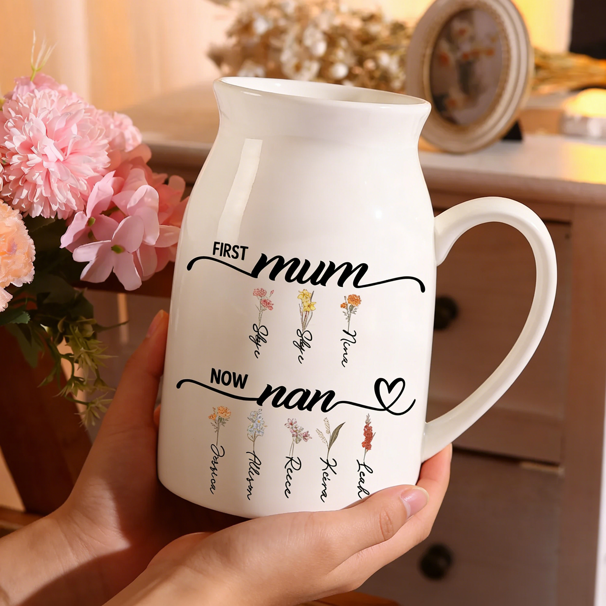 Personalised Floral Name Pitcher – “First Mum, Now Nan” Ceramic Flower Vase | Jessemade