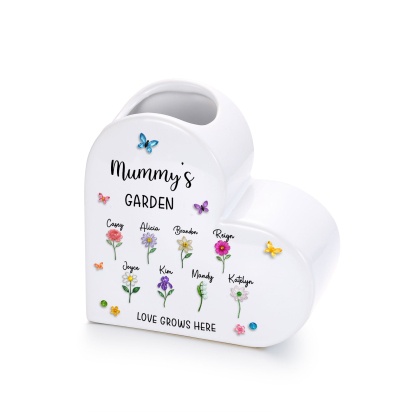 Personalised Ceramic Heart Vase with 1 to 10 Names and Birth Flowers for Mum/Grandma