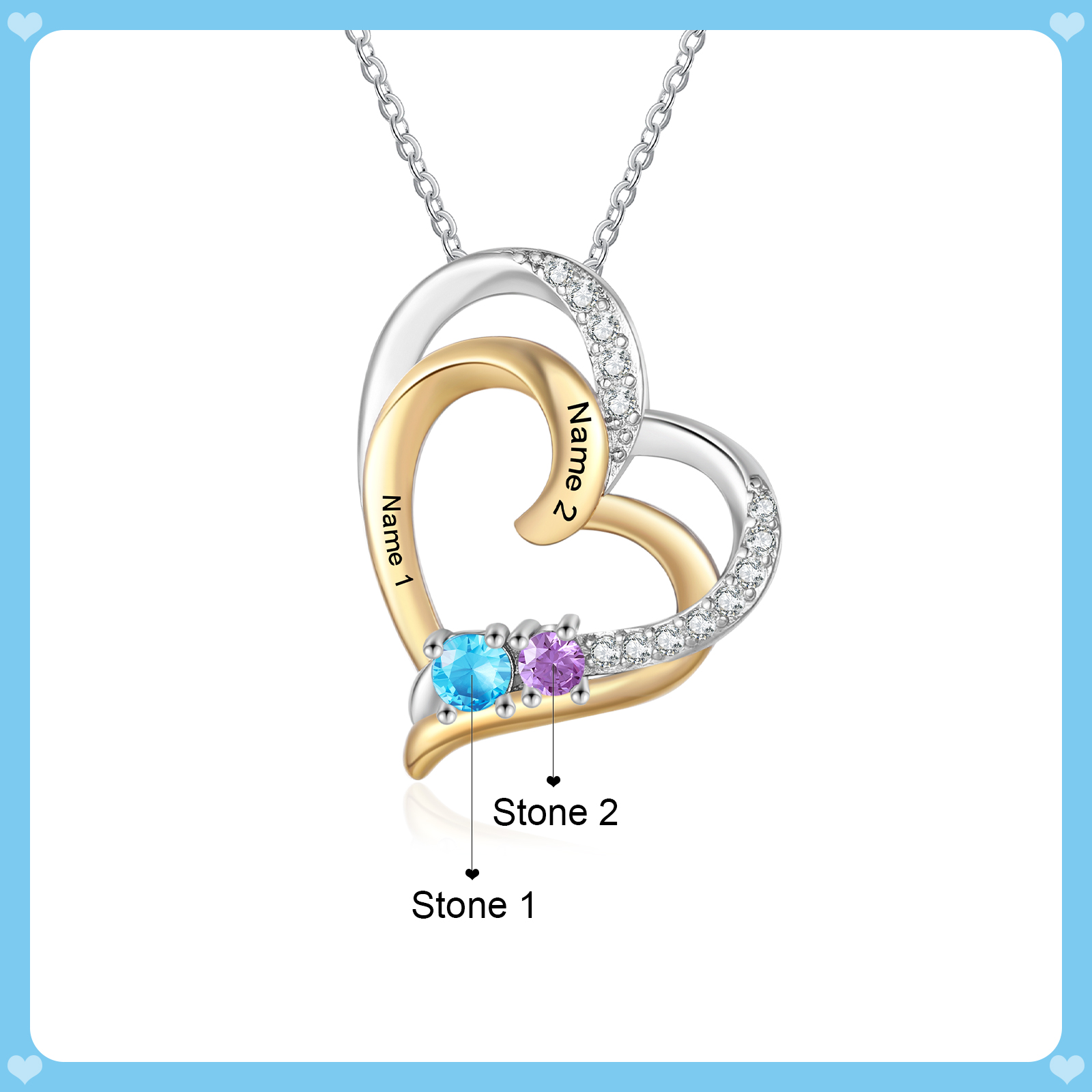 Personalised Double Heart Birthstone Necklace