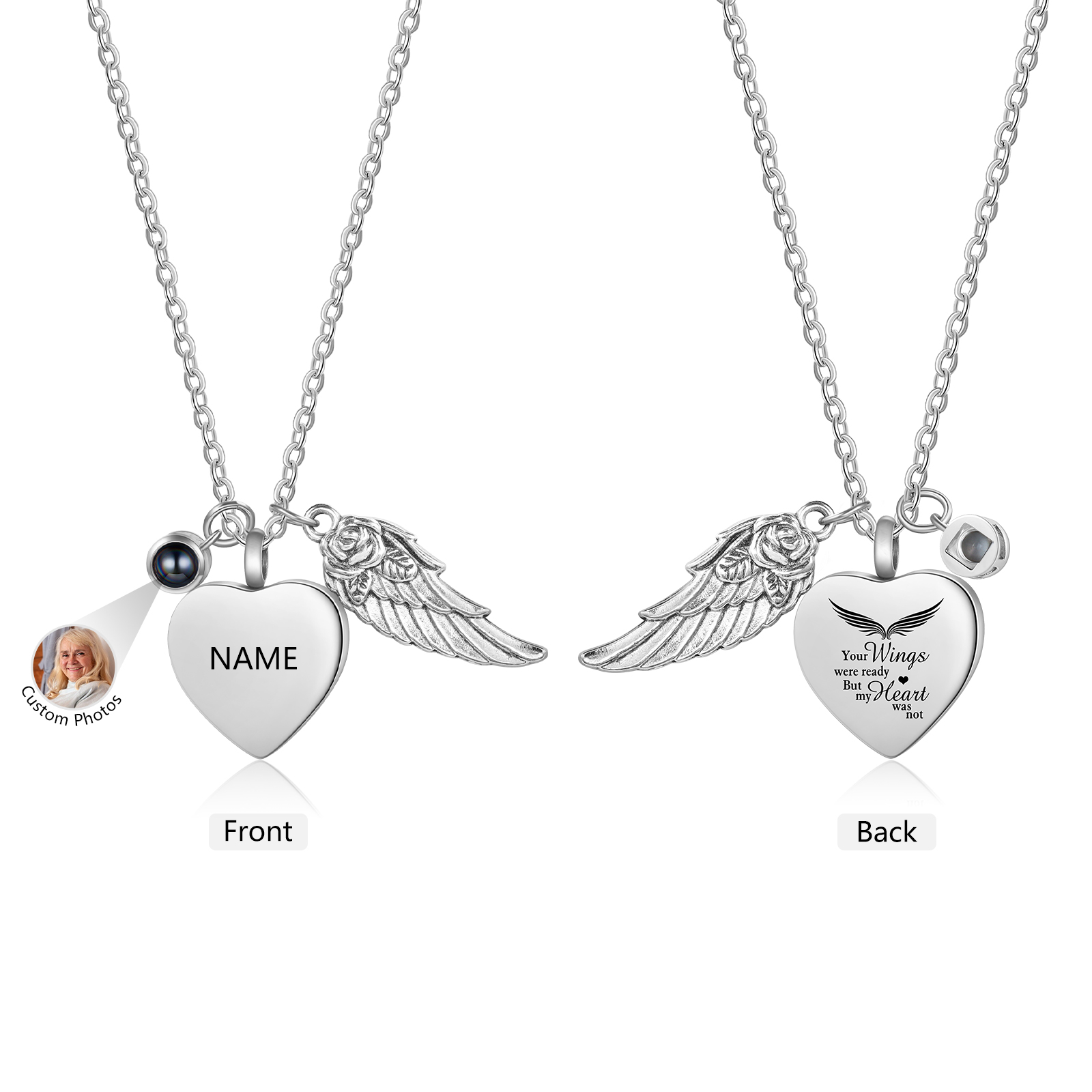 Personalised Memorial Heart Necklace with Angel Wing, Photo Charm & Ashes Urn, Silver For Women | Jessemade