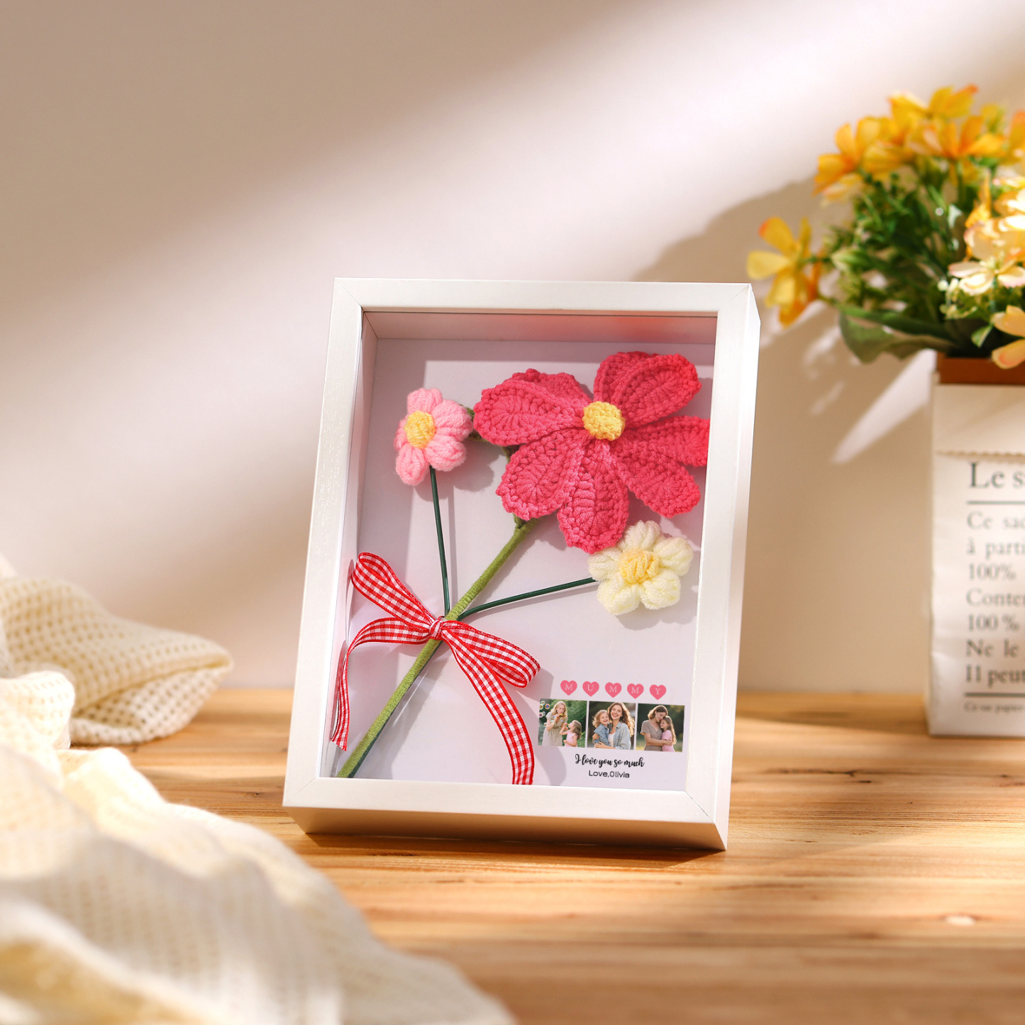 Personalised 3D Peony Crochet Flower Shadow Box Frame