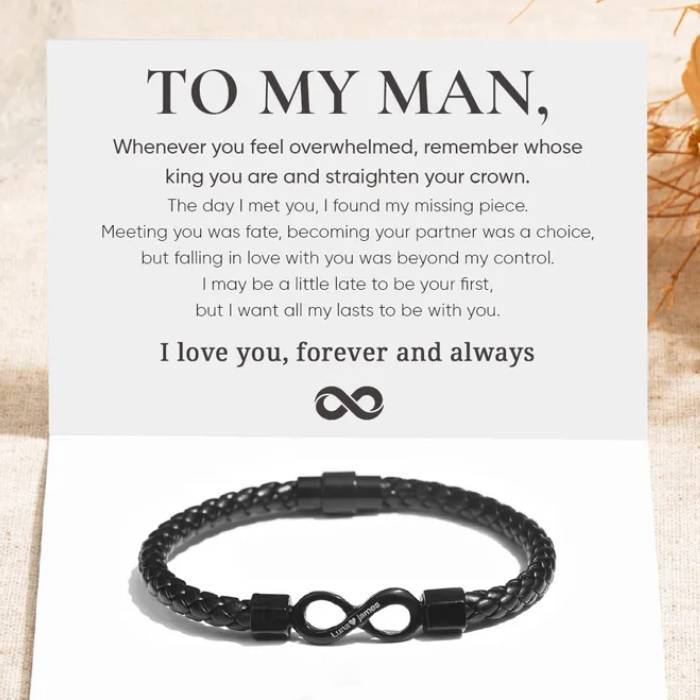 Personalised To My Man Infinity Leather Bracelet Gift Set, Custom Name Men's Bracelet Gifts For Him