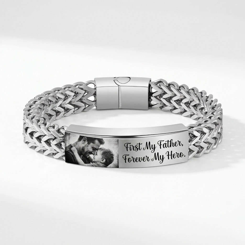 Personalised Men’s Woven Photo Engraved Stainless ID Bracelet