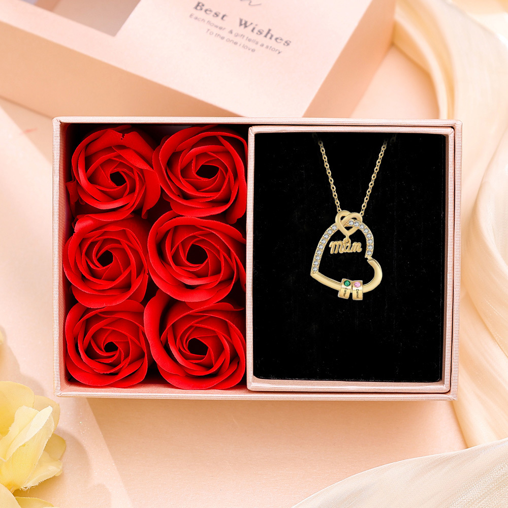 Personalised Birthstone Heart Necklace - Custom Title & 3 Names & 3 Birthstones Gift | Jessemade