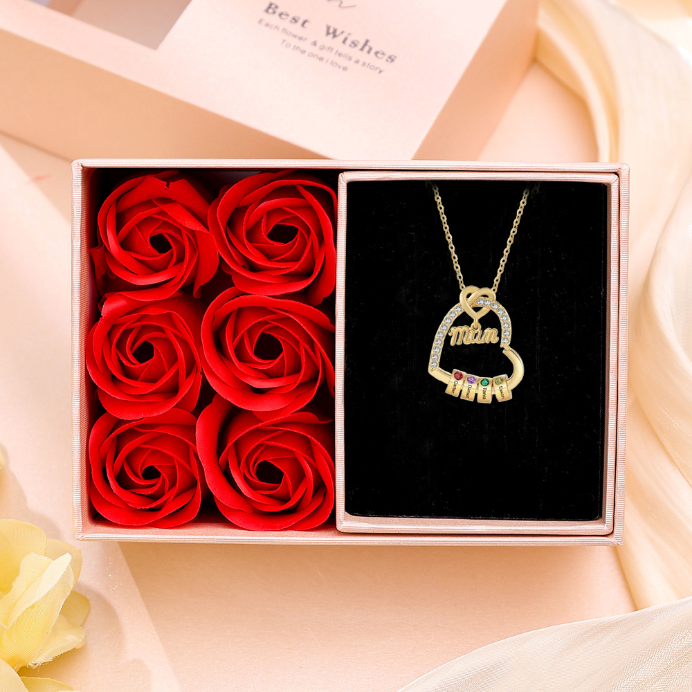 Personalised Birthstone Heart Necklace - Custom Title & 3 Names & 3 Birthstones Gift | Jessemade