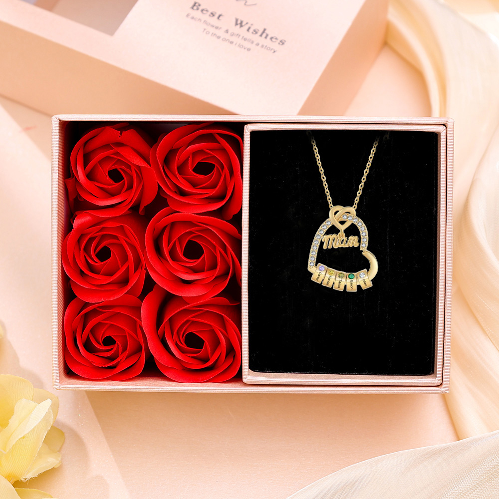 Personalised Birthstone Heart Necklace - Custom Title & 3 Names & 3 Birthstones Gift | Jessemade