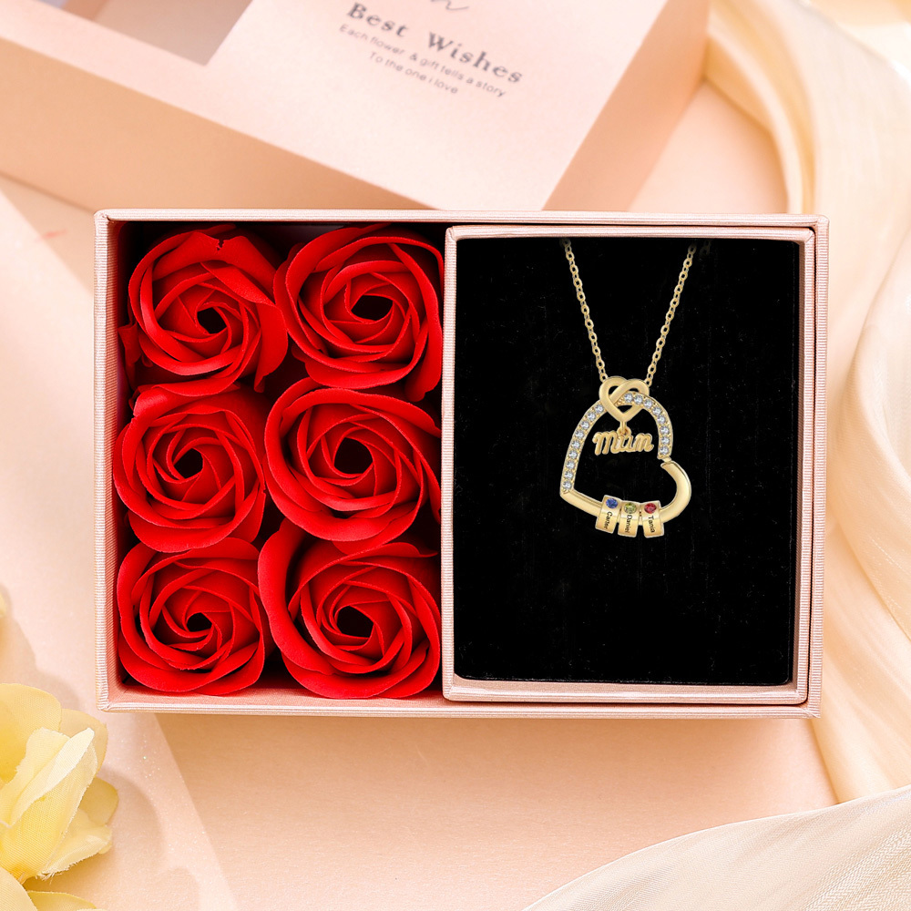 Personalised Birthstone Heart Necklace - Custom Title & 3 Names & 3 Birthstones Gift | Jessemade